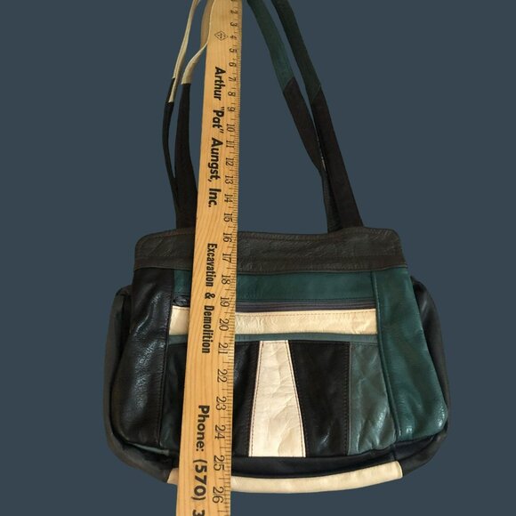 Leather Shoulder Bag Multi-Color Patchwork W/Zippered Pockets VTG - Picture 6 of 6